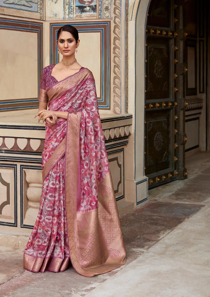 Pink  Handloom Silk Saree  With Digital Print Zari Border