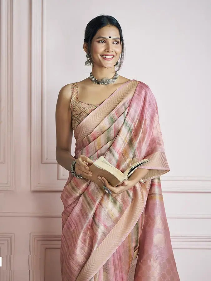 Pink Handloom Khadi Silk Saree with Digital Print & Zari  Border