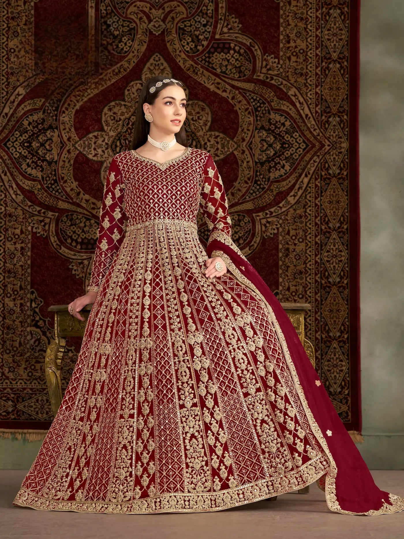 Dark Red Net Gown With Sequence & Zari Embroidery Work