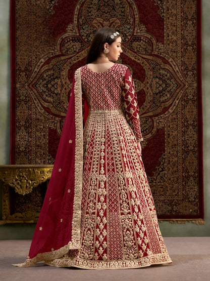 Dark Red Net Gown With Sequence & Zari Embroidery Work