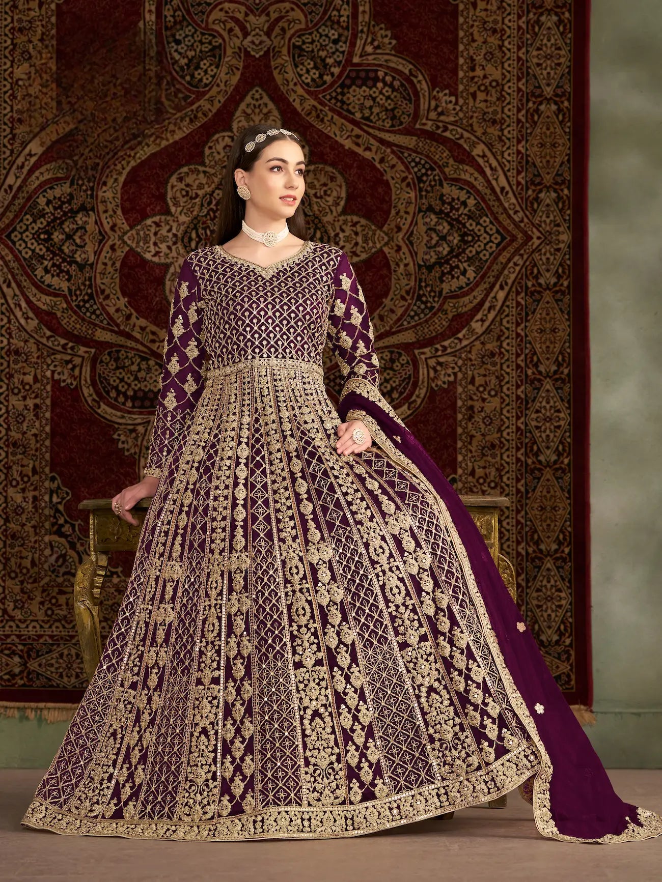 Wine Net Gown With Sequence & Zari Embroidery Work