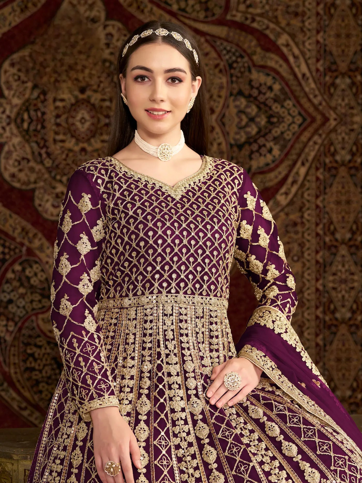 Wine Net Gown With Sequence & Zari Embroidery Work