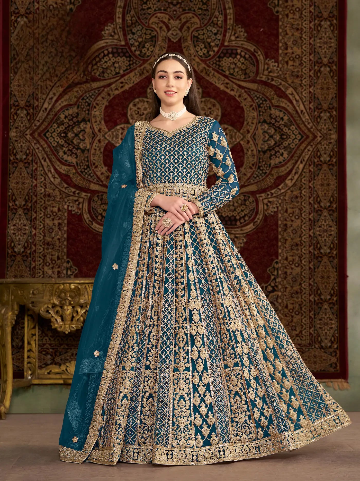 Teal Blue Net Gown With Sequence & Zari Embroidery Work
