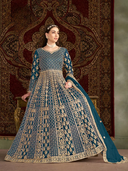 Teal Blue Net Gown With Sequence & Zari Embroidery Work
