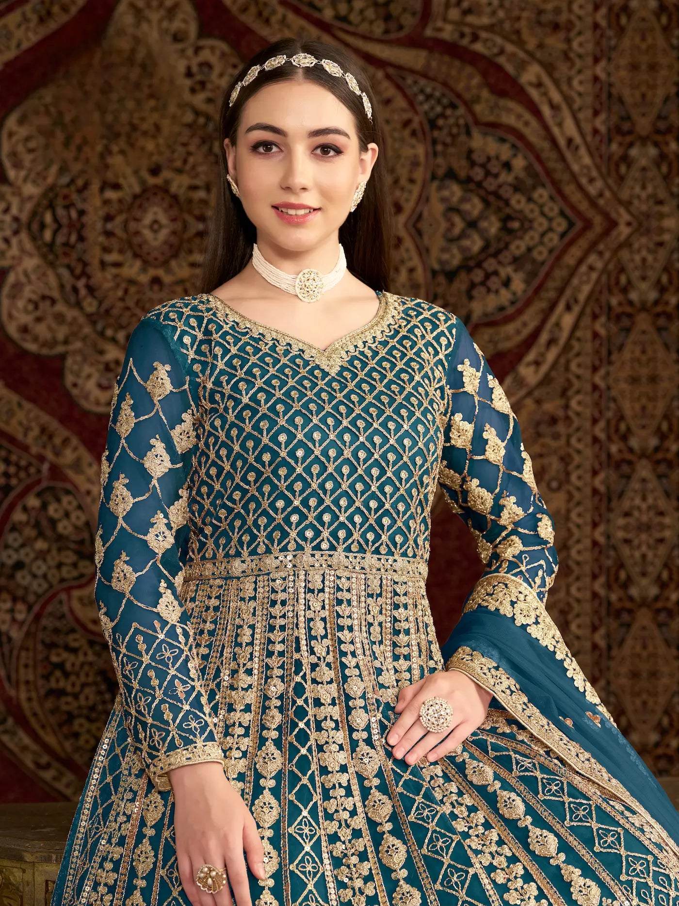 Teal Blue Net Gown With Sequence & Zari Embroidery Work