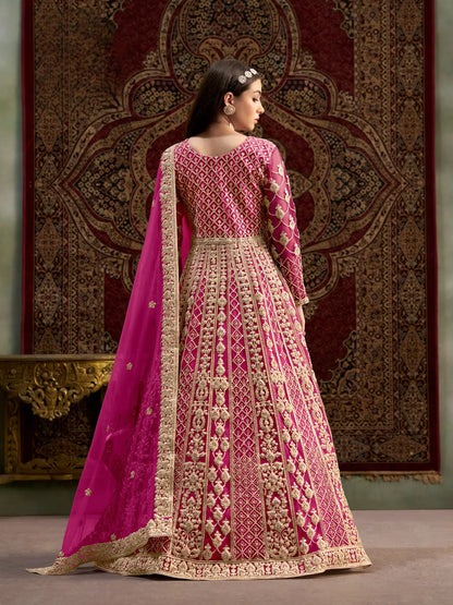 Dark Pink Net Gown With Sequence & Zari Embroidery Work