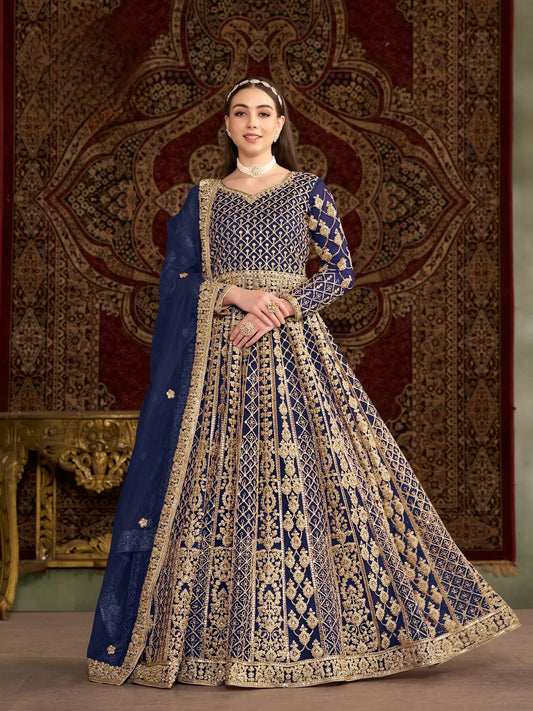 Navy Blue Net Gown With Sequence & Zari Embroidery Work