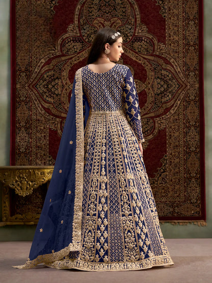 Navy Blue Net Gown With Sequence & Zari Embroidery Work