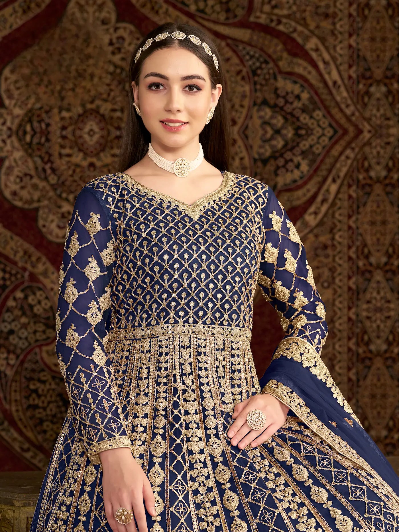 Navy Blue Net Gown With Sequence & Zari Embroidery Work
