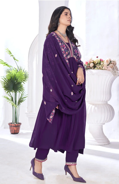 Purple Magenta Floral Print With Embroidery Work Gown With Dupatta