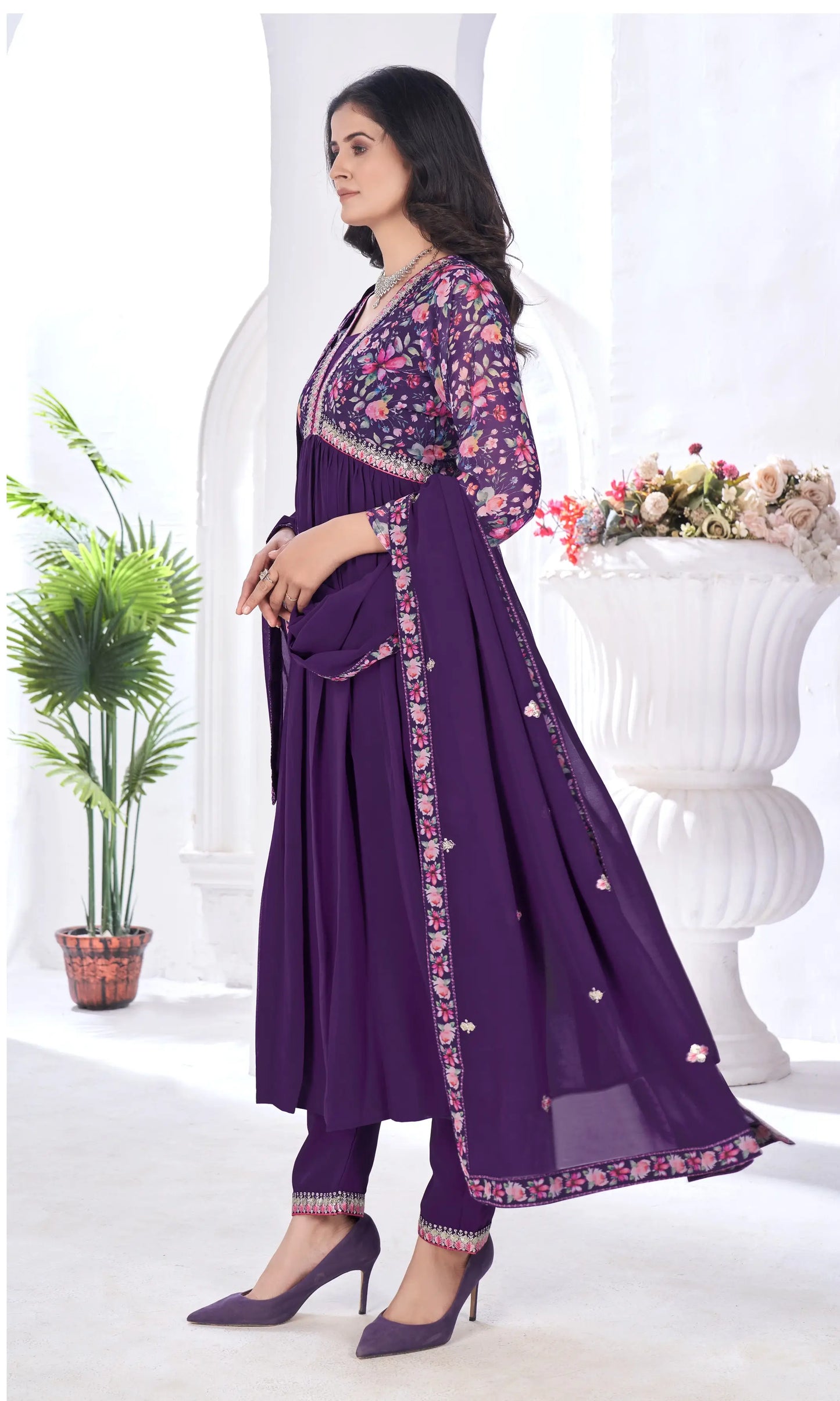 Purple Magenta Floral Print With Embroidery Work Gown With Dupatta
