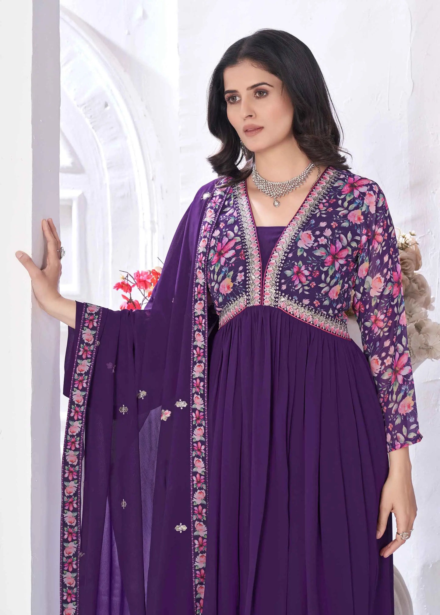 Purple Magenta Floral Print With Embroidery Work Gown With Dupatta