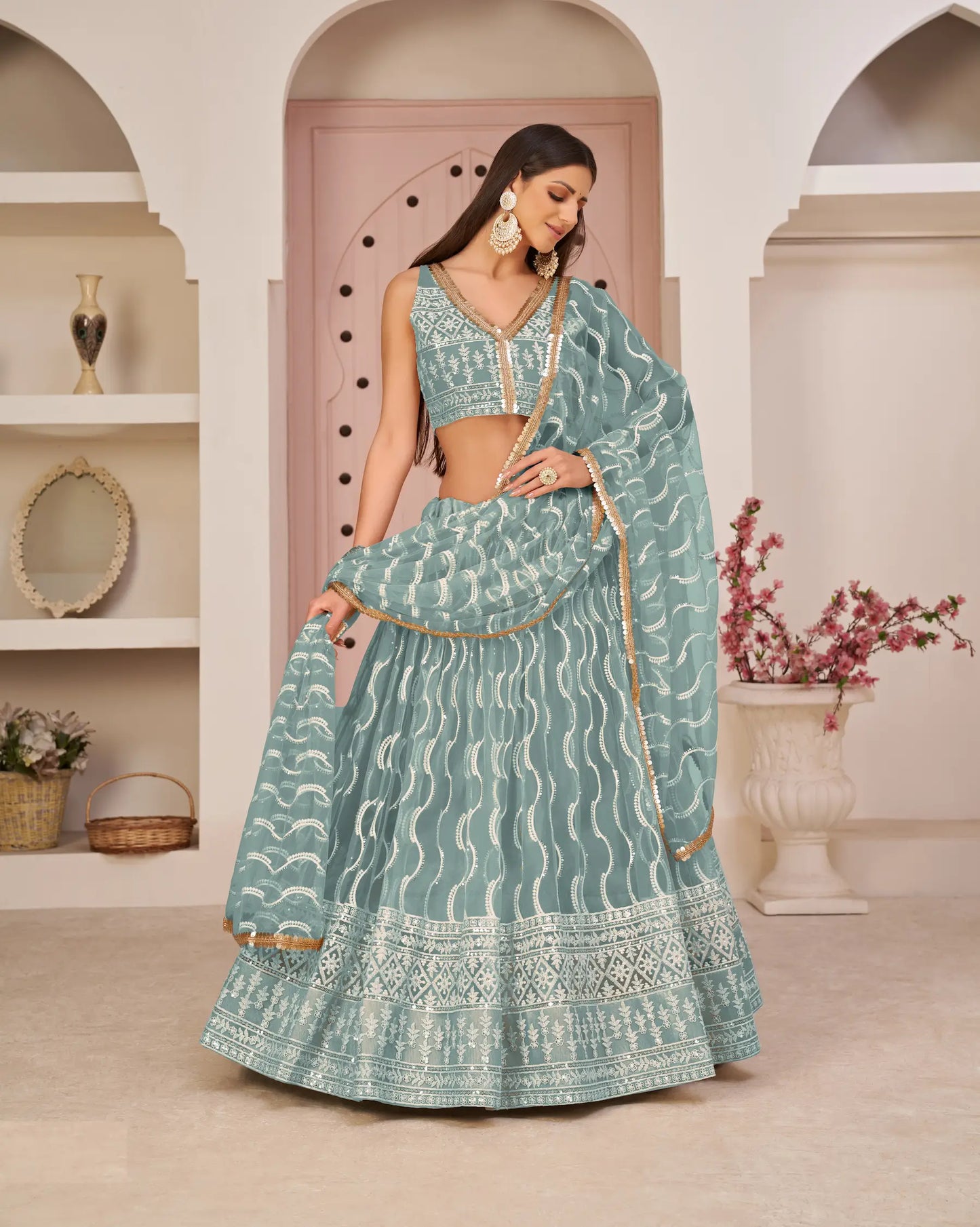 Ocean Blue Net Lehenga Choli With White Cotton Thread Work, Zari Work & Sequence Work