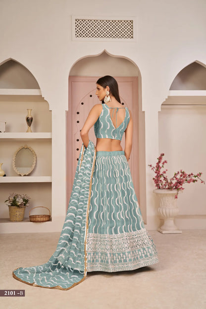 Ocean Blue Net Lehenga Choli With White Cotton Thread Work, Zari Work & Sequence Work
