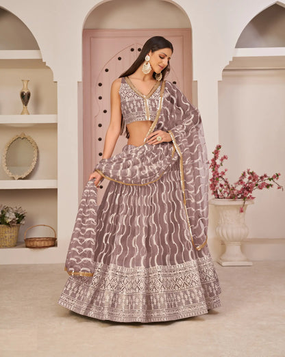 Onion Pink Net Lehenga Choli With White Cotton Thread Work, Zari Work & Sequence Work
