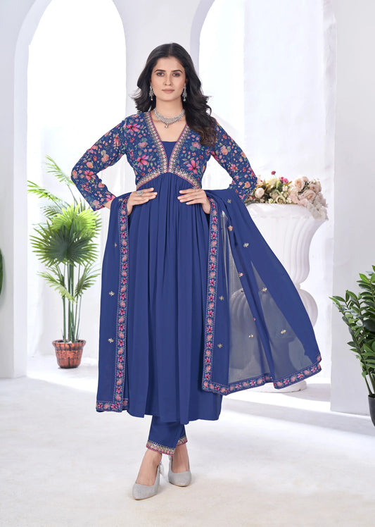 Royal Blue Floral Print With Embroidery Work Gown With Dupatta