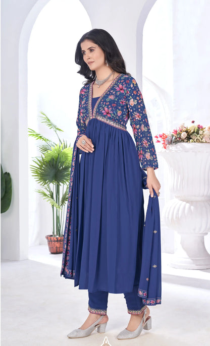 Royal Blue Floral Print With Embroidery Work Gown With Dupatta