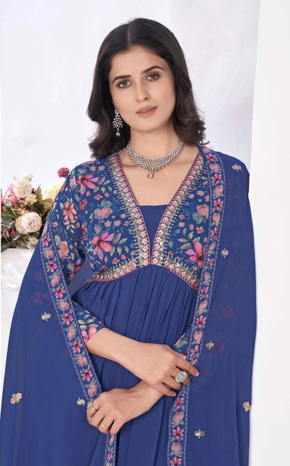 Royal Blue Floral Print With Embroidery Work Gown With Dupatta
