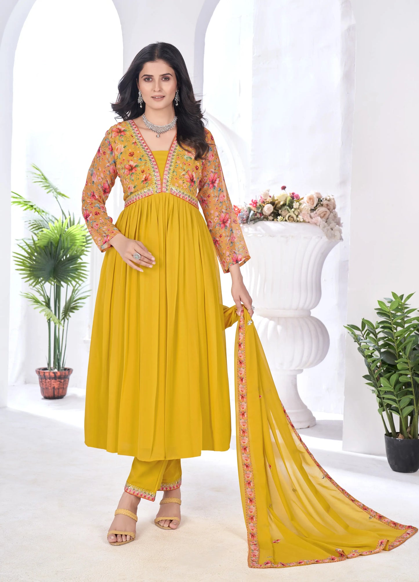 Yellow Floral Print With Embroidery Work Gown With Dupatta