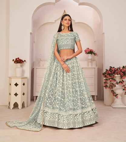 Turquoise Green Net Lehenga Choli With White Cotton Thread Work, Zari Work & Sequence Work