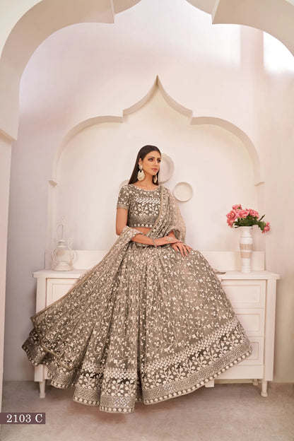 Chocolate Brown Net Lehenga Choli With White Cotton Thread Work, Zari Work & Sequence Work