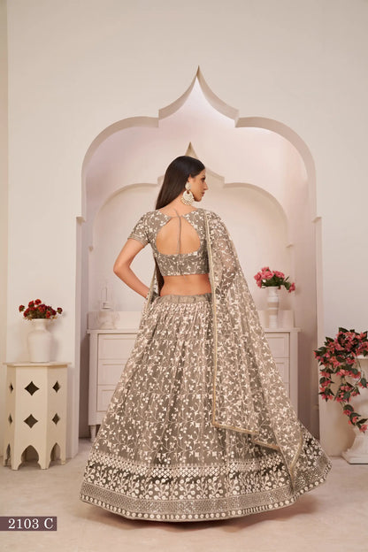 Chocolate Brown Net Lehenga Choli With White Cotton Thread Work, Zari Work & Sequence Work