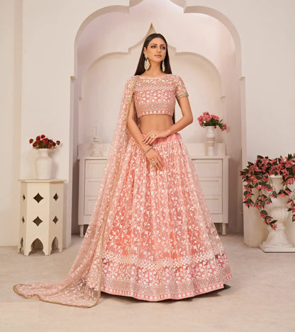 Light Pink Net Lehenga Choli With White Cotton Thread Work, Zari Work & Sequence Work