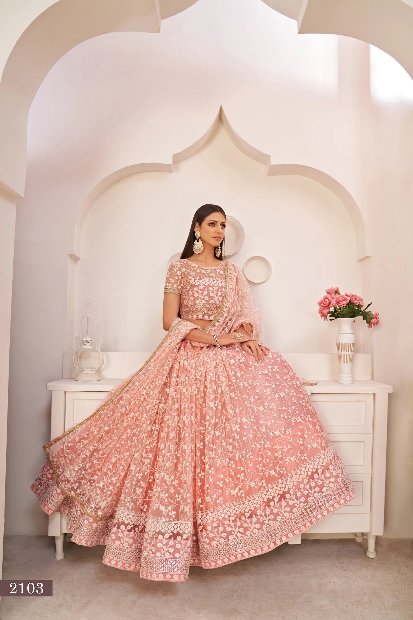 Light Pink Net Lehenga Choli With White Cotton Thread Work, Zari Work & Sequence Work