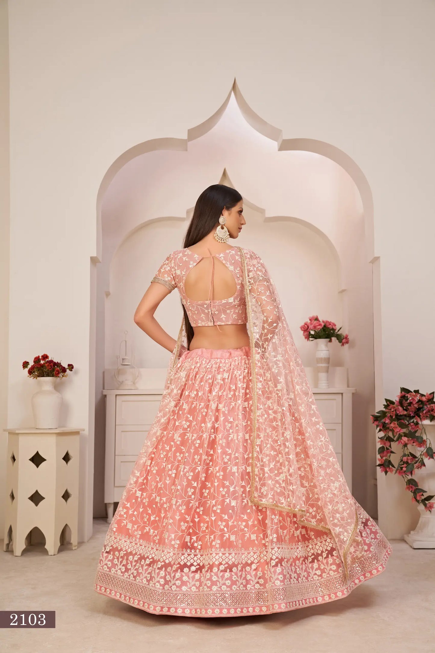 Light Pink Net Lehenga Choli With White Cotton Thread Work, Zari Work & Sequence Work