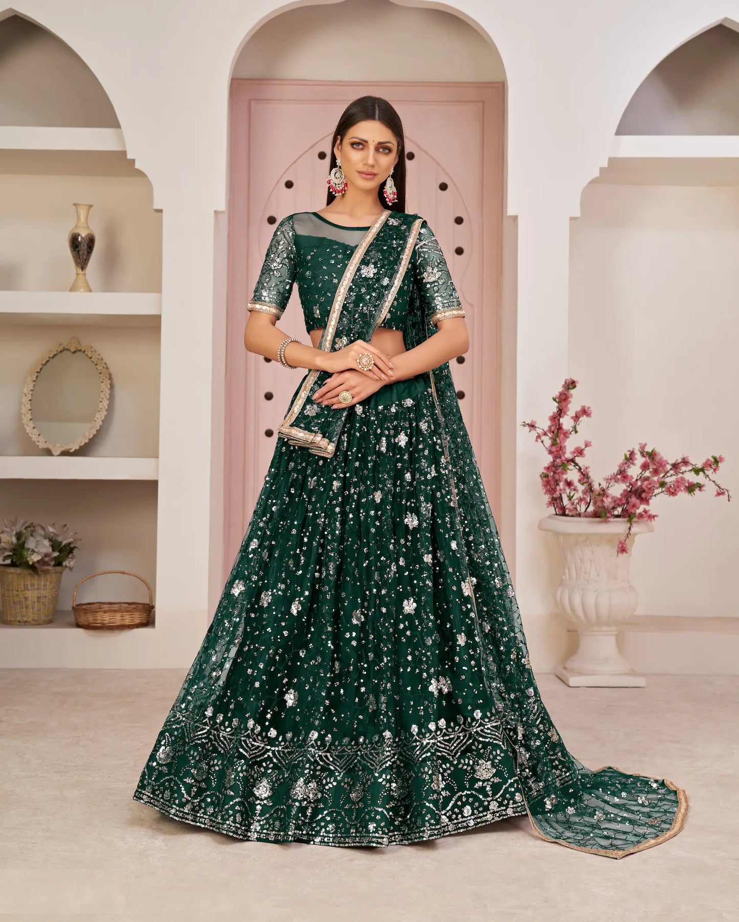 Green Net Lehenga Choli With White Cotton Thread Work, Zari Work & Sequence Work