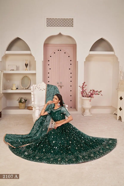 Green Net Lehenga Choli With White Cotton Thread Work, Zari Work & Sequence Work