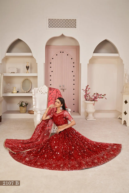 Red Net Lehenga Choli With White Cotton Thread Work, Zari Work & Sequence Work