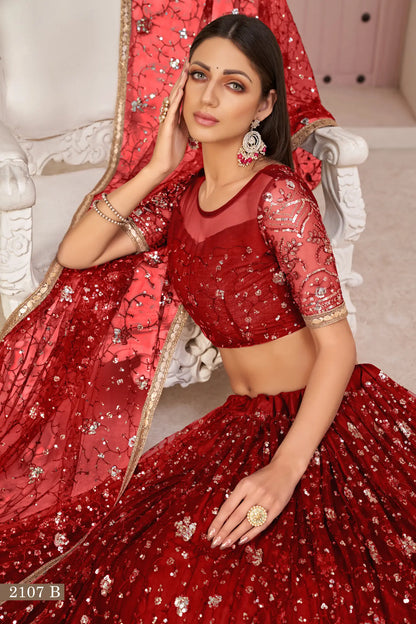 Red Net Lehenga Choli With White Cotton Thread Work, Zari Work & Sequence Work