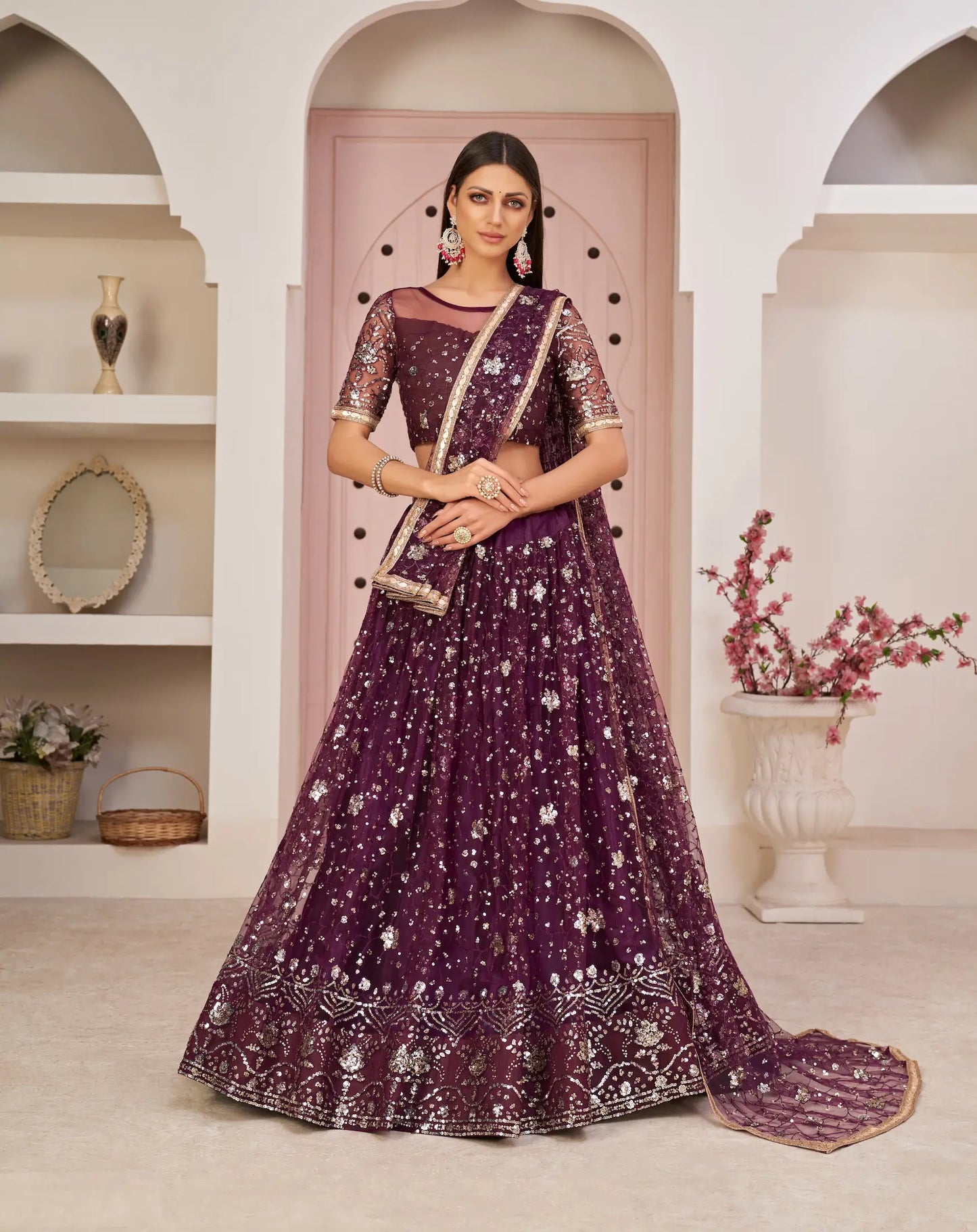 Wine Net Lehenga Choli With White Cotton Thread Work, Zari Work & Sequence Work