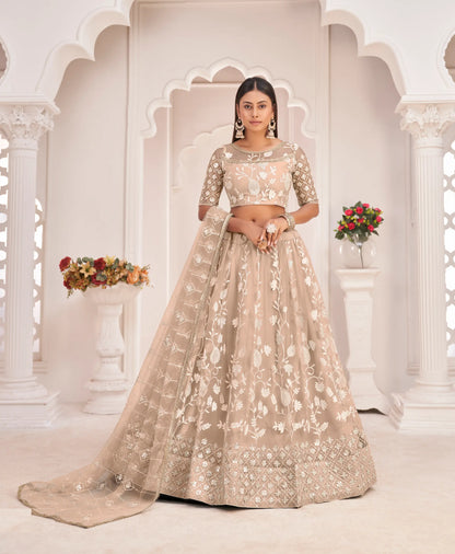Beige Net Lehenga Choli With White Cotton Thread Work, Zari Work & Sequence Work
