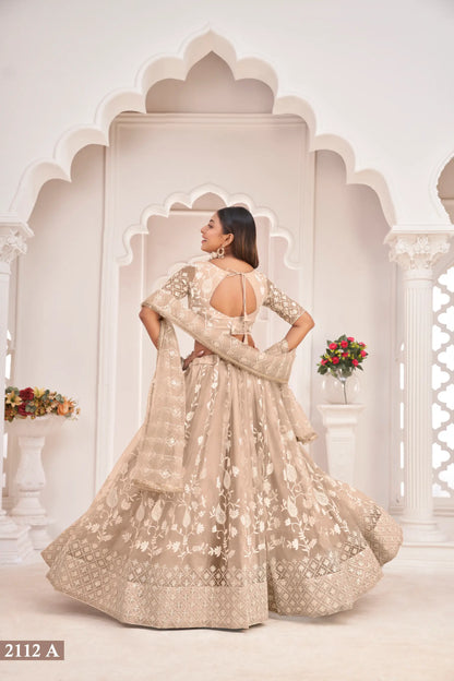 Beige Net Lehenga Choli With White Cotton Thread Work, Zari Work & Sequence Work