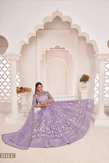Lavender Net Lehenga Choli With White Cotton Thread Work, Zari Work & Sequence Work