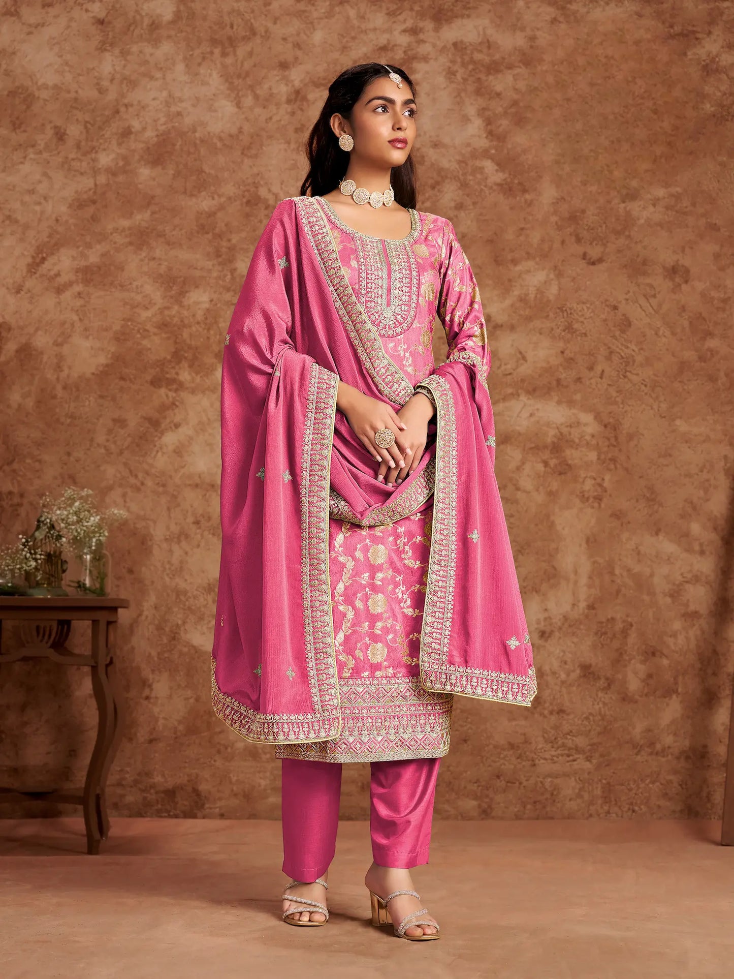 Pink Dola Silk Palazzo Salwar Suit With Thread & Sequins Embroidery Work
