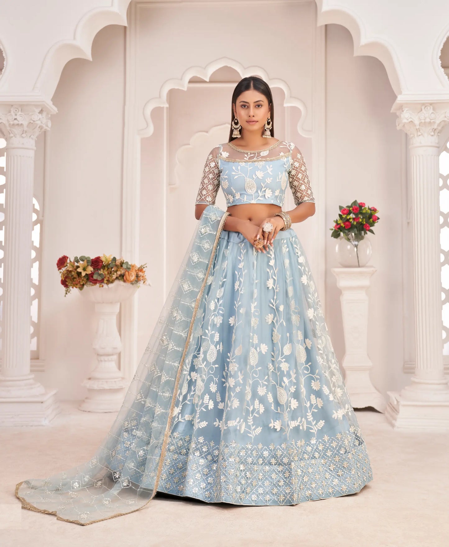 Light Sky Net Lehenga Choli With White Cotton Thread Work, Zari Work & Sequence Work