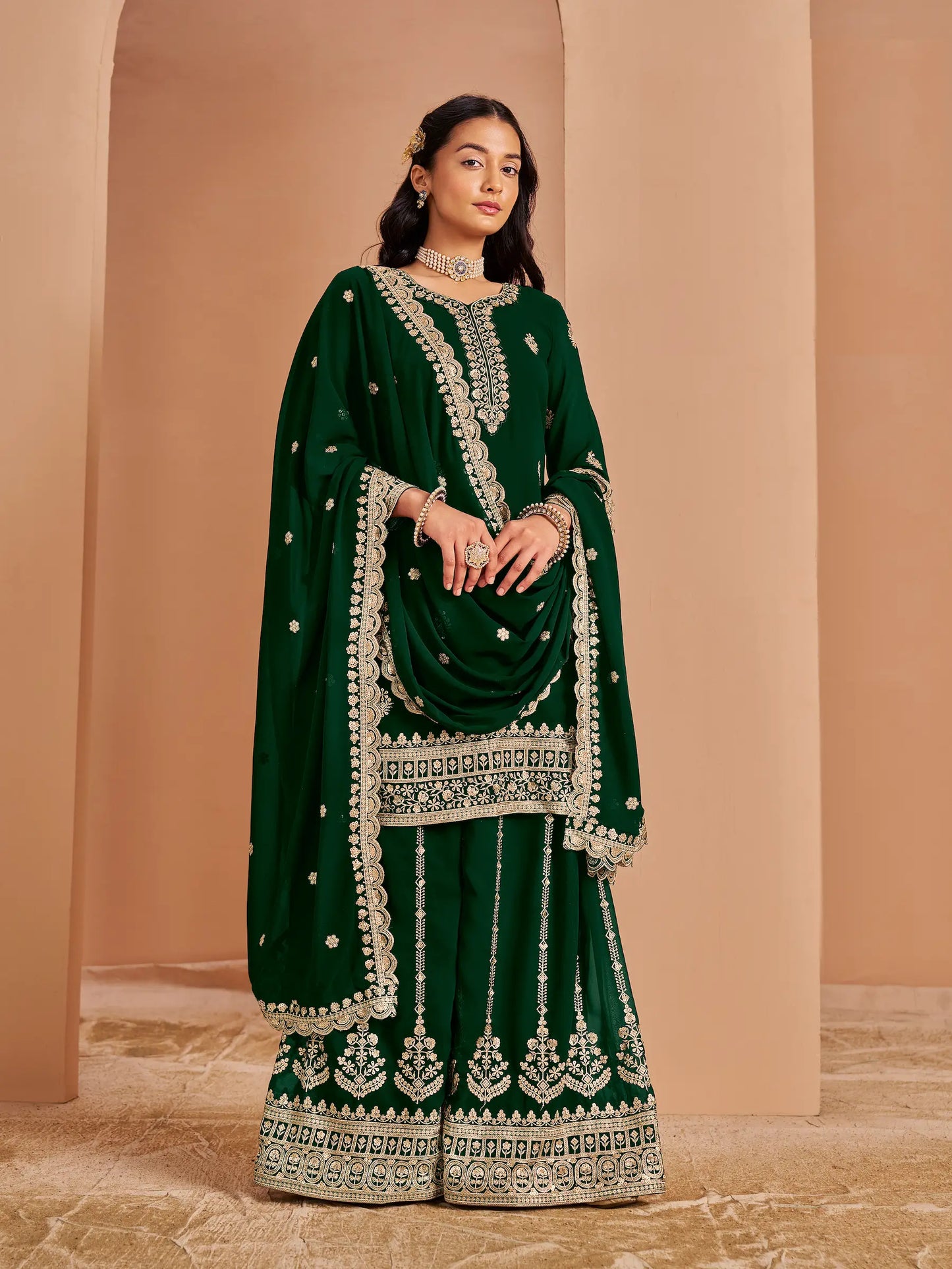 Green Georgette Palazzo Salwar Suit With Thread & Sequins Embroidery Work