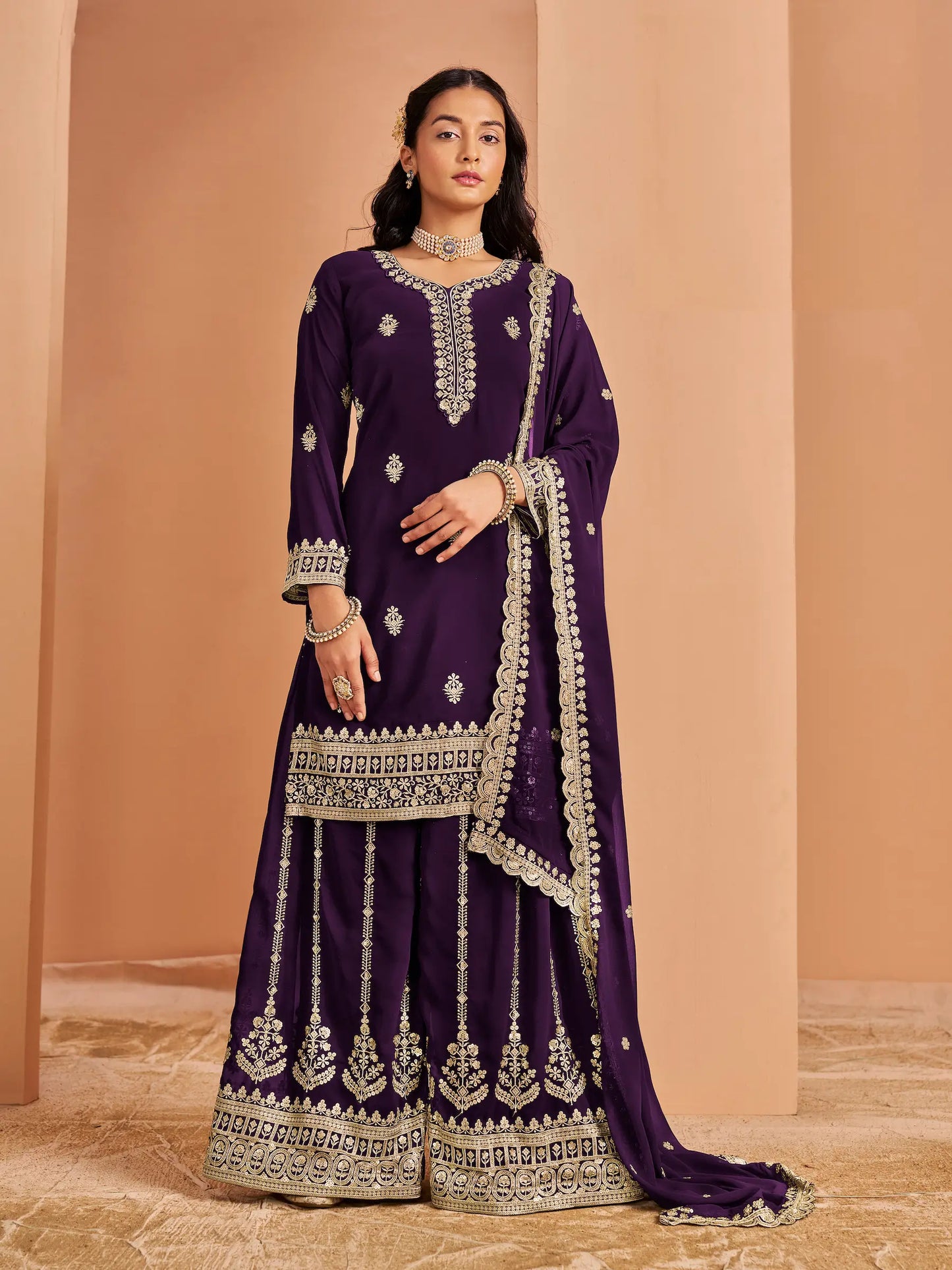 Wine Georgette Palazzo Salwar Suit With Thread & Sequins Embroidery Work