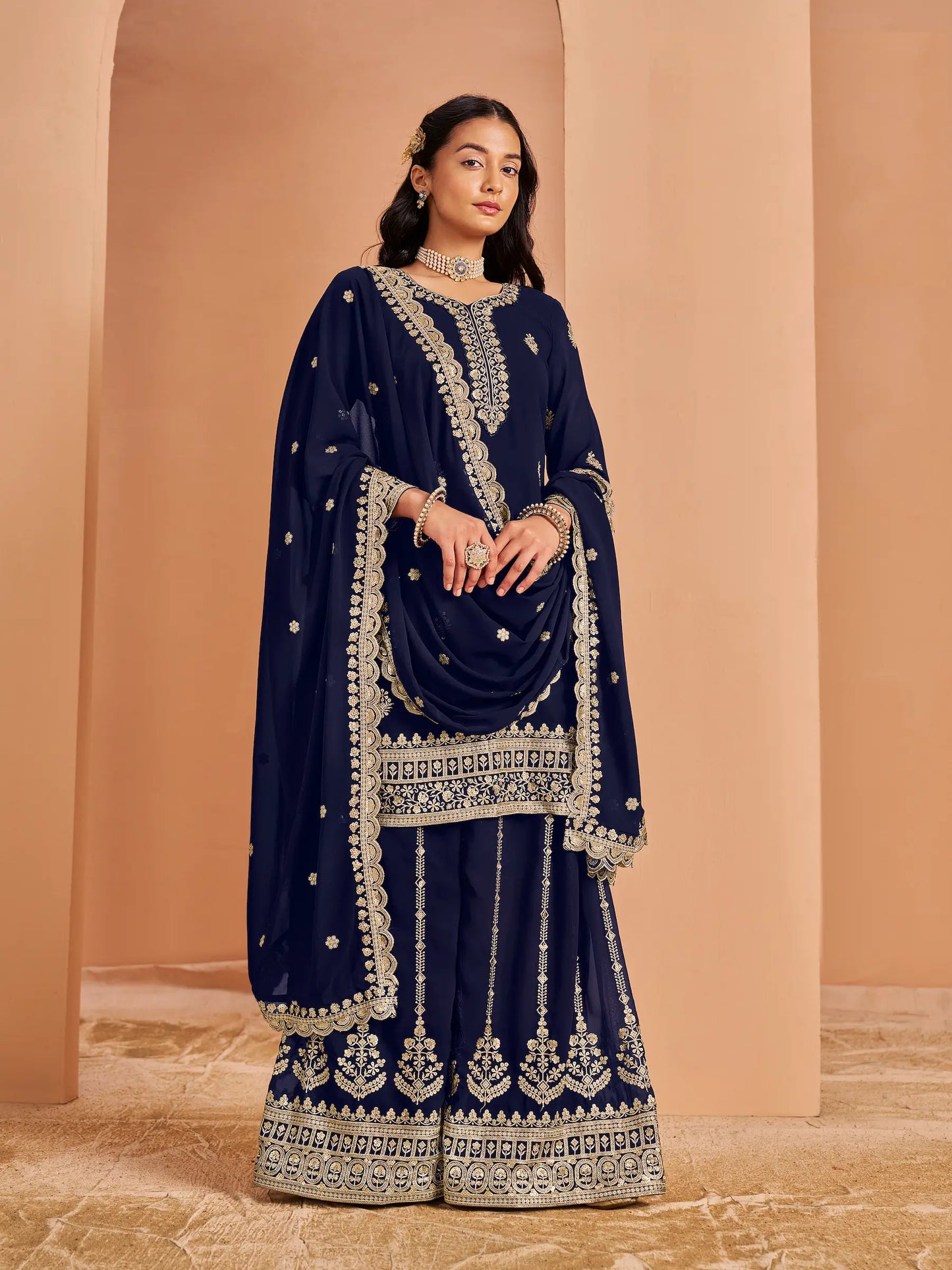 Navy Blue Georgette Palazzo Salwar Suit With Thread & Sequins Embroidery Work