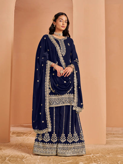 Navy Blue Georgette Palazzo Salwar Suit With Thread & Sequins Embroidery Work