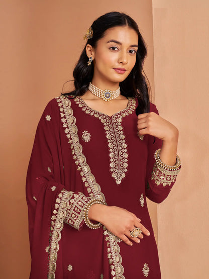 Maroon Georgette Palazzo Salwar Suit With Thread & Sequins Embroidery Work