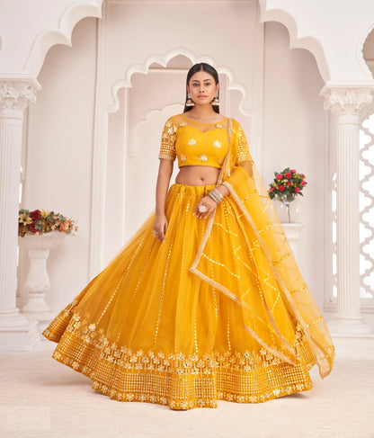 Honey Yellow  Net Lehenga Choli With Thread Work & Paper Mirror Work