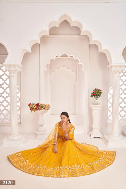 Honey Yellow  Net Lehenga Choli With Thread Work & Paper Mirror Work