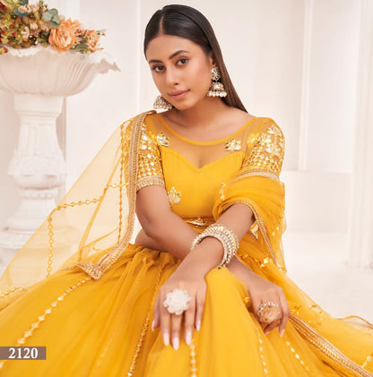 Honey Yellow  Net Lehenga Choli With Thread Work & Paper Mirror Work