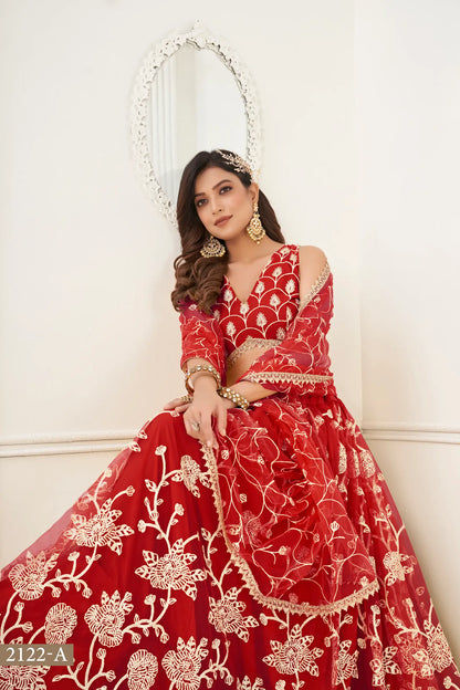Red Net Lehenga Choli With White Cotton Thread Work, Zari Work & Sequence Work