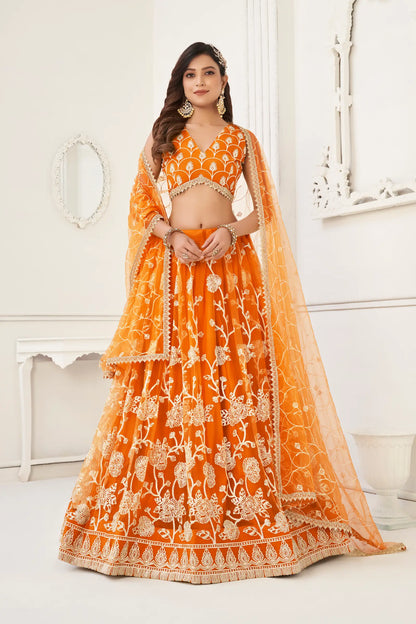 Orange Net Lehenga Choli With White Cotton Thread Work, Zari Work & Sequence Work