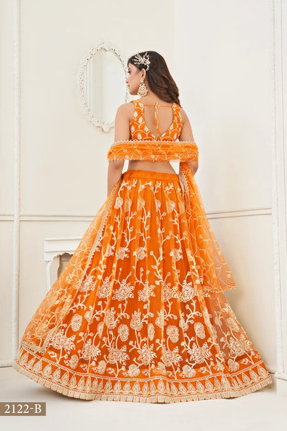 Orange Net Lehenga Choli With White Cotton Thread Work, Zari Work & Sequence Work